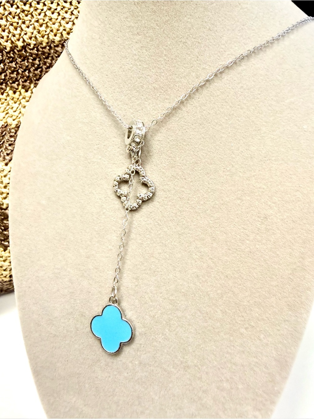 Delicate Silver Lariat Necklace with Turquoise Clover Drop